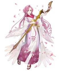 Rule 34 | 1girl, :d, alternate costume, cherry blossoms, code geass, crossover, doughnut hair bun, euphemia li britannia, floral print, full body, hair bun, holding, holding staff, japanese clothes, ji no, kimono, long hair, looking at viewer, official art, open mouth, petals, pink eyes, pink hair, sandals, sinoalice, smile, solo, staff, transparent background, wide sleeves, zouri