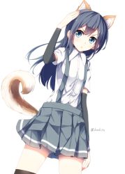 Rule 34 | 10s, 1girl, :&lt;, animal ears, arm warmers, asashio (kancolle), black hair, black thighhighs, blue eyes, bright background, buttons, detached sleeves, dog ears, dog tail, highres, kantai collection, kemonomimi mode, konkito, long hair, looking at viewer, pleated skirt, salute, school uniform, shirt, short sleeves, simple background, skirt, solo, suspenders, tail, thighhighs, triangle mouth, twitter username, white background, white shirt