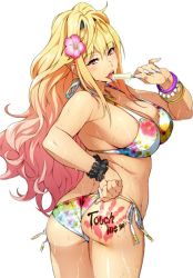Rule 34 | adjusting clothes, adjusting swimsuit, ass, back, banpresto, bikini, blonde hair, body writing, breasts, cleavage, fingernails, flower, food, gradient hair, hair flower, hair ornament, handprint, hip focus, jewelry, large breasts, long fingernails, long hair, looking back, multicolored bikini, multicolored clothes, multicolored hair, nail polish, official art, plump, popsicle, red eyes, sexually suggestive, shatte judevesten, super robot wars, super robot wars x-omega, swimsuit, two-tone hair, wet, white nails