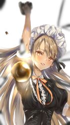 Rule 34 | 1girl, blonde hair, blurry, blurry background, breasts, bullet, earrings, firing, girls&#039; frontline, gothic lolita, grin, gun, handgun, jewelry, lolita fashion, long hair, looking at viewer, maid headdress, parted lips, ppk (girls&#039; frontline), puffy short sleeves, puffy sleeves, sabashi, shell casing, short sleeves, small breasts, smile, solo, weapon, yellow eyes