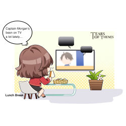 Rule 34 | 1girl, black skirt, chair, chibi, commentary, copyright name, english commentary, english text, food, full body, highres, holding, holding food, holding sandwich, jacket, medium hair, official art, plant, red jacket, rosa (tears of themis), sitting, skirt, solo, table, tears of themis, television, watching television