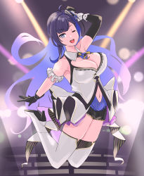 Rule 34 | 1girl, absurdres, ahoge, bare shoulders, black hair, blue eyes, blue hair, breasts, cleavage, clothing cutout, colored inner hair, dtpnkc, gloves, high heels, highres, idol clothes, jumping, kson, large breasts, long hair, looking at viewer, multicolored hair, navel, navel cutout, one eye closed, open mouth, skirt, solo, thighhighs, two-tone hair, very long hair, virtual youtuber, vshojo