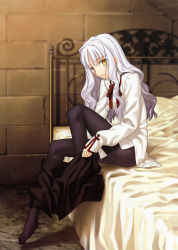Rule 34 | 00s, 1girl, absurdres, bed, black pantyhose, blouse, blurry, caren hortensia, depth of field, dress shirt, fate/hollow ataraxia, fate/stay night, fate (series), full body, highres, indoors, long hair, miniskirt, non-web source, pantyhose, plantar flexion, shirt, sitting, skirt, solo, takeuchi takashi, type-moon, undressing, wavy hair, white hair, white shirt, yellow eyes