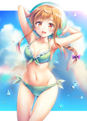 Rule 34 | 1girl, :d, armpits, arms behind head, arms up, ball, bare arms, bare shoulders, beachball, bikini, blue bikini, bow, braid, braided ponytail, breasts, brown hair, cleavage, collarbone, commentary request, cowboy shot, floating hair, frilled bikini, frills, front-tie bikini top, front-tie top, gluteal fold, green bikini, groin, hair bow, halterneck, halterneck, highres, holding, holding ball, long hair, looking at viewer, medium breasts, navel, open mouth, orange eyes, orange hair, original, purple bow, red eyes, side-tie bikini bottom, sidelocks, single braid, smile, solo, swimsuit, water, yuurei yashiki