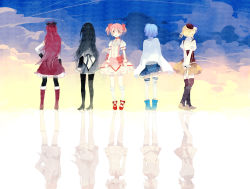 Rule 34 | 10s, 5girls, akemi homura, beret, black hair, blonde hair, blue hair, boots, cloud, contrail, different reflection, drill hair, from behind, gloves, hair ornament, hair ribbon, hand on own hip, hat, highres, hip focus, kaname madoka, long hair, magical girl, mahou shoujo madoka magica, mahou shoujo madoka magica (anime), mig (36th underground), miki sayaka, multiple girls, pantyhose, pink eyes, pink hair, puffy sleeves, red hair, reflection, ribbon, sakura kyoko, school uniform, short hair, short twintails, skirt, sky, standing, thigh boots, thighhighs, tomoe mami, twin drills, twintails