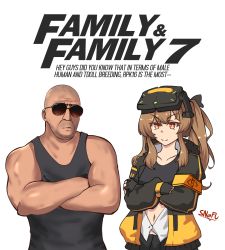 Rule 34 | 1boy, 1girl, armband, bald, black gloves, black tank top, brown eyes, brown hair, crossed arms, crossover, dominic toretto, english text, fast &amp; furious, fingerless gloves, girls&#039; frontline, gloves, head-mounted display, highres, jacket, long sleeves, meme, muscular, muscular male, navel, sidelocks, snafu (snafy snu), sunglasses, tank top, the fast and the furious, ump9 (girls&#039; frontline), vaporeon copypasta (meme)