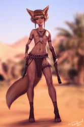 Rule 34 | 1girl, abs, animal ears, blowgun, blush, braid, brown hair, commentary, dark nipples, day, desert, english commentary, fantasy, flat chest, flintstone, fox ears, fox tail, full body, highres, jewelry, khiara (personal ami), knife, navel, necklace, nipples, no panties, original, pelvic curtain, personal ami, petite, short hair, side braids, solo, standing, tail, toes, tooth necklace, topless, tribal, twin braids, wide hips