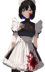 Rule 34 | 1girl, 2l (2lsize), absurdres, apron, arms behind back, black dress, black garter straps, black hair, black thighhighs, blood, blood on clothes, blood on face, blue hair, breasts, brown hair, closed mouth, colored inner hair, commentary request, cowboy shot, dress, expressionless, garter straps, highres, looking at viewer, maid, maid headdress, medium breasts, multicolored hair, original, short hair, short sleeves, simple background, solo, standing, thighhighs, white apron, white background