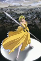 Rule 34 | 00s, 1girl, absurdres, alice l. malvin, blonde hair, blue eyes, bob cut, double-blade, dress, highres, pantyhose, pumpkin scissors, solo, sword, torn clothes, weapon, white pantyhose, yellow dress