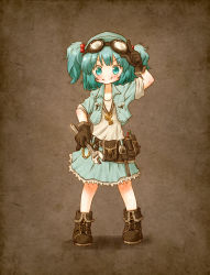 Rule 34 | 1girl, aqua eyes, aqua hair, arinu, boots, brown gloves, gloves, goggles, goggles on head, hair bobbles, hair ornament, jacket, jewelry, kawashiro nitori, key, necklace, open clothes, open jacket, pendant, shirt, skirt, smile, solo, standing, touhou, twintails, two side up, wrench
