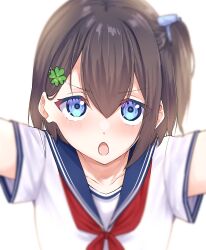 Rule 34 | 1girl, blue sailor collar, brown hair, clover hair ornament, commentary request, four-leaf clover hair ornament, hair between eyes, hair ornament, hairclip, highres, looking at viewer, neckerchief, one side up, open mouth, original, reaching, reaching towards viewer, red neckerchief, sailor collar, shirt, short sleeves, simple background, solo, suzunari shizuku, upper body, v-shaped eyebrows, white background, white shirt, yuki arare