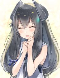 Rule 34 | 1girl, black hair, blush, closed eyes, hair ribbon, hatomaru (hatomaru56), headgear, i-47 (kancolle), kantai collection, long hair, open mouth, ribbon, sailor collar, sidelocks, simple background, solo, swimsuit, swimsuit under clothes, tress ribbon, upper body, white sailor collar, yellow background