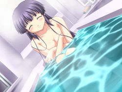 Rule 34 | 1girl, bath, blush, breast hold, breasts, cleavage, covering privates, covering breasts, crossed arms, doki doki sister paradise, dutch angle, closed eyes, game cg, izumi mahiru, long hair, nude, nude cover, purple hair, smile, soap, solo