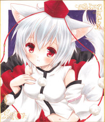 Rule 34 | 1girl, animal ears, asa1014, bad id, bad pixiv id, bare shoulders, blush, breasts, hand on own chest, hat, inubashiri momiji, looking at viewer, midriff, navel, pom pom (clothes), red eyes, shikishi, shirt, short hair, silver hair, skirt, smile, solo, tail, tokin hat, touhou, white shirt, wolf ears, wolf tail