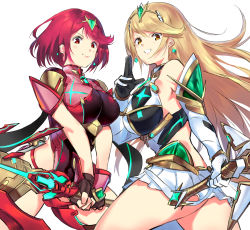 Rule 34 | 2girls, ass, black gloves, blonde hair, breasts, chest jewel, dress, dual persona, earrings, elbow gloves, female focus, fingerless gloves, gem, gloves, headpiece, highres, holding, holding sword, holding weapon, jewelry, large breasts, long hair, matching hair/eyes, multiple girls, mythra (xenoblade), negresco, nintendo, pyra (xenoblade), red eyes, red hair, red shorts, short dress, short hair, short shorts, shorts, simple background, super smash bros., swept bangs, sword, thigh strap, tiara, very long hair, weapon, white dress, white gloves, xenoblade chronicles (series), xenoblade chronicles 2, yellow eyes