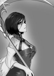 Rule 34 | 1girl, absurdres, bare shoulders, breasts, character request, commentary request, dress, dungeon and fighter, female priest (dungeon and fighter), grey background, greyscale, hair between eyes, highres, holding, holding scythe, looking at viewer, looking to the side, medium breasts, mistress (dungeon and fighter), mo ying yu, monochrome, o-ring, parted lips, profile, scythe, shoulder tattoo, sleeveless, sleeveless dress, solo, tattoo