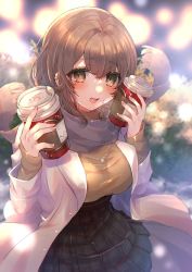 Rule 34 | 1girl, :d, bad id, bad pixiv id, black skirt, blurry, blurry background, blush, breasts, brown eyes, brown hair, brown shirt, coffee cup, commentary request, cup, depth of field, disposable cup, fringe trim, grey scarf, hair between eyes, hands up, highres, holding, holding cup, jacket, long sleeves, looking at viewer, medium breasts, merry christmas, open clothes, open jacket, open mouth, original, pleated skirt, scarf, shikino yuki, shirt, skirt, sleeves past wrists, smile, solo, white jacket