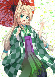 Rule 34 | 1girl, :d, animal ears, blue eyes, blue hair, blue scrunchie, blush, closed eyes, commentary request, fang, fox ears, fox girl, gradient hakama, green hakama, green kimono, hair ornament, hair scrunchie, hakama, hakama skirt, hand up, highres, holding, holding umbrella, japanese clothes, kimono, long hair, long sleeves, looking at viewer, low-tied long hair, low twintails, multicolored clothes, multicolored hair, oil-paper umbrella, open mouth, original, print hakama, print kimono, print umbrella, purple hakama, red umbrella, scrunchie, sidelocks, skirt, smile, solo, streaked hair, tsuyukina fuzuki, twintails, umbrella, very long hair, white background, wide sleeves