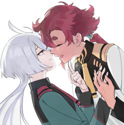 Rule 34 | 2girls, ahoge, closed eyes, grey eyes, gundam, gundam suisei no majo, hand on another&#039;s chin, highres, imminent kiss, knightym22, long hair, looking at another, miorine rembran, multiple girls, necktie, ponytail, red hair, simple background, smile, suletta mercury, thick eyebrows, upper body, white background, white hair, yuri