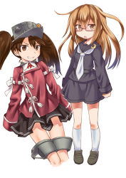 Rule 34 | 10s, 2girls, brown eyes, brown hair, chestnut mouth, crescent, glasses, grin, kantai collection, looking at viewer, mochizuki (kancolle), moon, multiple girls, neriwasabi, open mouth, ryuujou (kancolle), simple background, sleeves past wrists, smile, twintails, visor cap, white background