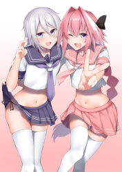 Rule 34 | 2boys, astolfo (fate), astolfo (sailor paladin) (fate), blue eyes, blue neckerchief, blue sailor collar, blue skirt, blush, bow, braid, braided ponytail, clothes lift, crop top, fate/apocrypha, fate/grand order, fate (series), hair between eyes, hair bow, hair intakes, highres, kitajima yuuki, long hair, looking at viewer, midriff, multicolored hair, multiple boys, neckerchief, official alternate costume, one eye closed, open mouth, outstretched arm, pink hair, pink neckerchief, pink sailor collar, pink skirt, prince of lan ling (fate), purple eyes, sailor collar, school uniform, serafuku, shirt, short sleeves, skirt, skirt lift, smile, streaked hair, thighhighs, thighs, trap, v, white hair, white legwear, white shirt