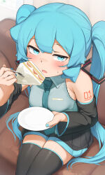 Rule 34 | 1girl, abmayo, absurdres, black skirt, black sleeves, black thighhighs, blush, cake, collared shirt, commentary, couch, detached sleeves, english commentary, food, fork, green eyes, green hair, green nails, green necktie, grey shirt, hatsune miku, highres, holding, holding fork, holding plate, long hair, looking at viewer, miniskirt, nail polish, necktie, open mouth, plate, pleated skirt, shirt, sitting, skirt, smile, solo, strawberry shortcake, sweatdrop, thighhighs, twintails, vocaloid
