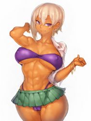 Rule 34 | 1girl, abs, arm up, bracelet, breasts, cameltoe, curvy, dark skin, dark-skinned female, earrings, covered erect nipples, fumio (rsqkr), hajimete no gal, honjou ranko, hoop earrings, jewelry, long hair, looking at viewer, medium breasts, midriff, muscular, muscular female, navel, open clothes, open shirt, purple eyes, shirt, skirt, solo, thick thighs, thighs, toned, underboob, white hair, wide hips