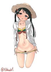Rule 34 | 1girl, bad id, bad twitter id, bikini, bikini pull, black eyes, black hair, blush, clothes pull, cowboy shot, cropped legs, ebifurya, female pubic hair, groin, hair ribbon, hat, head tilt, highres, hood, hoodie, inactive account, kantai collection, long hair, long sleeves, looking at viewer, mikuma (kancolle), navel, open clothes, open hoodie, open mouth, pubic hair, pulled by self, red ribbon, ribbon, simple background, solo, sun hat, swimsuit, twintails, twitter username, white background
