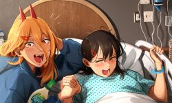 Rule 34 | 2girls, :d, bed, black hair, blonde hair, blue jacket, blue shirt, blush, bottle, celtic cross, chainsaw man, commentary, cross, crying, crying with eyes closed, giving birth, hair ornament, hairclip, higashiyama kobeni, highres, holding hands, horns, hospital bed, hospital gown, indoors, jacket, jewelry, khyle., long hair, looking at viewer, lying, multiple girls, on back, open mouth, polka dot, power (chainsaw man), red horns, ring, salad dressing, sharp teeth, shirt, short sleeves, smile, symbol-shaped pupils, teeth, upper body, wristband, yellow eyes