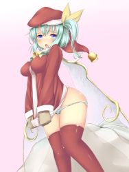 Rule 34 | 1girl, alternate costume, bag, bell, blue eyes, blush, breasts, christmas, daiyousei, embarrassed, female focus, green hair, hair ribbon, hat, highres, impossible clothes, natsuki mitsu, open mouth, panties, panty pull, red thighhighs, ribbon, santa costume, santa hat, side ponytail, simple background, solo, striped clothes, striped panties, thighhighs, touhou, underwear, wings