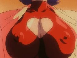 Rule 34 | 00s, 1girl, animated, animated gif, bouncing breasts, breasts, cleavage, cleavage cutout, clothing cutout, coat, dr. marilyn, covered erect nipples, head out of frame, heart, heart cutout, huge breasts, impossible clothes, nipples, oobari masami, soreyuke marin-chan
