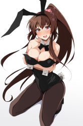 Rule 34 | 1girl, animal ears, black bow, black bowtie, black leotard, black pantyhose, bow, bowtie, breasts, brown hair, cherry blossoms, cleavage, detached collar, fake animal ears, flower, full body, graphite (medium), hair flower, hair ornament, highres, kantai collection, kneeling, large breasts, leotard, long hair, looking at viewer, nel-c, open mouth, pantyhose, playboy bunny, ponytail, rabbit ears, rabbit girl, rabbit tail, red eyes, simple background, solo, strapless, strapless leotard, tail, traditional media, wavy mouth, white background, wrist cuffs, yamato (kancolle)