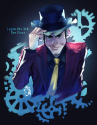 Rule 34 | 1boy, arsene lupin iii, black headwear, black shirt, collared shirt, copyright name, hand up, highres, jacket, looking at viewer, lupin iii, lupin iii: the first, necktie, red jacket, shirt, shiyuu (shiyu), signature, smile, solo, upper body, watch, wristwatch, yellow necktie