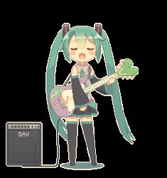 Rule 34 | 1girl, amplifier, animated, animated gif, blush, dav-19, detached sleeves, closed eyes, full body, green hair, guitar, hair ornament, hatsune miku, instrument, lowres, music, necktie, singing, skirt, solo, spring onion, thighhighs, transparent background, twintails, vocaloid, zettai ryouiki