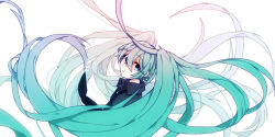 Rule 34 | 1girl, black necktie, black shirt, blouse, blue eyes, blue hair, close-up, clothes lift, collared shirt, eiku, expressionless, floating hair, from side, gradient background, hair between eyes, hatsune miku, head tilt, long hair, looking at viewer, necktie, parted lips, shirt, simple background, solo, twintails, upper body, very long hair, vocaloid, white background