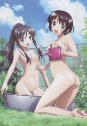 Rule 34 | 00s, 2girls, ass, bare legs, bare shoulders, barefoot, binbou shimai monogatari, black hair, blue eyes, blush, breasts, cloud, collarbone, day, dot nose, flower, grass, highres, long hair, medium hair, multiple girls, nipples, no shoes, no socks, nude, nude filter, open mouth, outdoors, ponytail, pussy, siblings, sisters, sky, small breasts, third-party edit, uncensored, watering can, yamada asu, yamada kyou