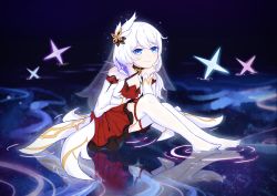 Rule 34 | 1girl, absurdres, antenna hair, bare shoulders, blue eyes, bpff, closed mouth, full body, hair between eyes, hair ornament, hand on own chin, highres, honkai (series), honkai impact 3rd, looking at viewer, night, night sky, outdoors, sitting, sitting on water, sky, smile, solo, star (sky), star (symbol), theresa apocalypse, theresa apocalypse (celestial hymn), thighhighs, toes, veil, water, white hair, white sleeves, white thighhighs
