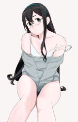 Rule 34 | &gt;:/, 10s, 1girl, :/, alternate costume, bare legs, bare shoulders, between legs, black hair, blue eyes, breasts, cleavage, collarbone, frown, glasses, hair between eyes, hairband, hand between legs, head tilt, kantai collection, long hair, looking at viewer, medium breasts, off-shoulder, off-shoulder sweater, off shoulder, ojipon, ooyodo (kancolle), pout, semi-rimless eyewear, sitting, solo, strap slip, sweater, thighs, v-shaped eyebrows