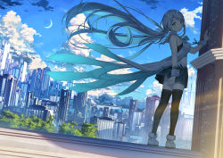 Rule 34 | 1girl, :o, aqua eyes, aqua hair, aqua skirt, bare shoulders, black socks, blue sky, building, city, cityscape, cloud, commentary request, copyright request, crescent moon, day, dress, fence, floating hair, hair blowing, hair ribbon, hand on wall, highres, kantoku, kneehighs, light rays, loafers, long hair, looking back, miniskirt, moon, open mouth, outdoors, parted bangs, parted lips, pleated dress, ribbon, rooftop, scenery, shoes, skirt, sky, skyscraper, socks, solo, standing, sunbeam, sunlight, tareme, thighhighs, tree, very long hair, wrist cuffs, zettai ryouiki
