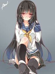 Rule 34 | 10s, 1girl, ankle, asymmetrical legwear, black hair, black thighhighs, blunt bangs, blush, gloves, grey background, hair ribbon, isokaze (kancolle), kantai collection, long hair, looking at viewer, mtu (orewamuzituda), naughty face, panties, panties around ankles, panty pull, ribbon, simple background, single thighhigh, sitting, solo, thighhighs, underwear, undressing, uneven legwear, very long hair, white gloves