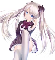 Rule 34 | 1girl, black ribbon, blue eyes, blush, bow, bowtie, dress, hair ribbon, highres, legs, long hair, open mouth, original, ribbon, simple background, sitting, solo, thighhighs, twintails, white background, white hair, white thighhighs, wingheart