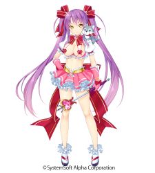 Rule 34 | 1girl, animal, animal on shoulder, bow, breasts, copyright notice, dog, gloves, hair ribbon, highres, holding, holding wand, kazuma (kazumav), large breasts, long hair, looking at viewer, navel, official art, pink gloves, purple hair, revealing clothes, ribbon, sandals, sengoku hime 5, short sleeves, skirt, smile, solo, twintails, very long hair, wand, yellow eyes, yukimura sanada
