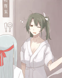 Rule 34 | !?, 10s, 2girls, breasts, cleavage, drooling, hickey, japanese clothes, kantai collection, kinosita ginkou, messy hair, multiple girls, one eye closed, shoukaku (kancolle), sleepy, small breasts, twintails, zuikaku (kancolle)