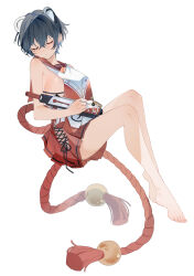 Rule 34 | 1girl, animal ears, barefoot, black hair, blue archive, breast curtain, breasts, closed eyes, commentary request, extra ears, full body, gun, highres, holding, holding gun, holding weapon, japanese clothes, large breasts, miko, pleated skirt, raccoon ears, red sailor collar, red skirt, revealing clothes, rope, sailor collar, shimenawa, short hair, sideboob, sideless outfit, simple background, skirt, sleeping, solo, tsubaki (blue archive), weapon, white background, yaner 10