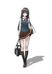 Rule 34 | 1girl, arm at side, bag, bandaid, bandaid on knee, bandaid on leg, black hair, black socks, blue eyes, blue vest, breasts, brown footwear, brown skirt, closed mouth, clothes lift, collared shirt, duffel bag, full body, highres, holding, holding bag, lifting own clothes, loafers, long sleeves, looking at viewer, medium breasts, miniskirt, original, pleated skirt, red ribbon, ribbon, school uniform, shadow, shirt, shoes, simple background, skirt, skirt lift, smile, socks, solo, standing, straight hair, sweater vest, vest, white background, white shirt, xsk (ruanmumu)