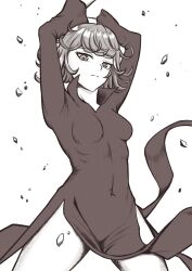 Rule 34 | 1girl, arms up, breasts, cipher4109, commentary, covered navel, cowboy shot, dress, greyscale, highres, long sleeves, medium hair, monochrome, one-punch man, ribs, small breasts, solo, tatsumaki
