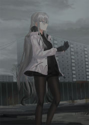 Rule 34 | 1girl, black gloves, black hair, black necktie, black pantyhose, black shirt, black shorts, braid, building, chihuri, closed mouth, cloud, cloudy sky, day, ear piercing, earrings, expressionless, feet out of frame, from side, glove pull, gloves, gradient hair, grey eyes, grey hair, hair between eyes, hair ribbon, highres, hood, hood down, jacket, jewelry, jitome, long hair, long sleeves, multicolored hair, necktie, open clothes, open jacket, original, outdoors, overcast, pantyhose, piercing, ribbon, shirt, short shorts, shorts, sidelocks, sky, snow, solo, standing, stud earrings, two-tone hair, very long hair, wavy hair, white jacket, zoya petrovna vecheslova