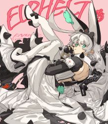 Rule 34 | 1girl, amatuki, animal ears, artist name, back, chain, character name, clover, collar, dated, elphelt valentine, fake animal ears, food, four-leaf clover, from behind, fruit, green eyes, grey hair, guilty gear, guilty gear xrd, hair between eyes, hand on own face, high heels, highres, looking at viewer, looking back, lying, on side, pink background, rabbit ears, simple background, solo, spiked collar, spikes, strawberry, tiara