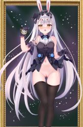Rule 34 | 1girl, absurdres, animal ears, azur lane, bare shoulders, black thighhighs, blue dress, blue gloves, blush, bottomless, breasts, dress, drooling, frilled gloves, frills, fuying sanbing, gloves, gluteal fold, heart, heart-shaped pupils, heavy breathing, highres, holding, holding pocket watch, light purple hair, long hair, navel, no panties, no pants, pocket watch, pussy, pussy juice, rabbit ears, saliva, shimakaze (azur lane), shimakaze (the white rabbit of wonderland) (azur lane), small breasts, solo, standing, stomach, symbol-shaped pupils, thigh gap, thighhighs, thighs, tongue, tongue out, very long hair, watch, yellow eyes