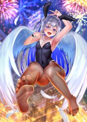 Rule 34 | 1girl, absurdres, amane kanata, angel wings, animal ears, blush, fake animal ears, feathers, feet, fireworks, highres, hololive, leotard, long hair, looking at viewer, open mouth, pantyhose, purple eyes, rabbit ears, short twintails, silver hair, soles, toes, twintails, virtual youtuber, wings
